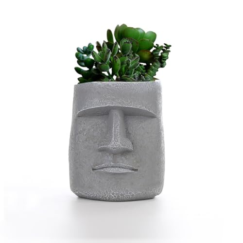 Easter Island Moai Head Succulent Planter Pot, Human Face Flower Pot for Desktop Home Decor, Cool Moai Figurines Pen and Brush Holder, Grey - color: Gray