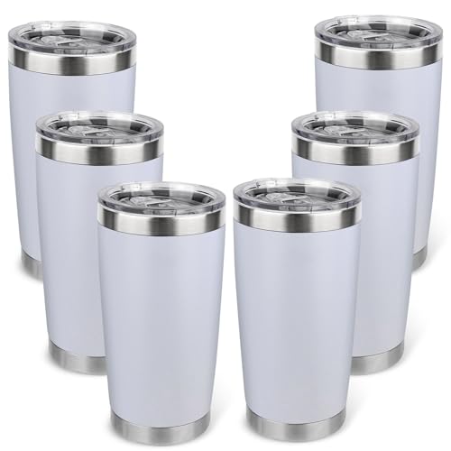 20oz Stainless Steel Tumbler Bulk with Lid, Travel Mug - Double Wall Vacuum Powder Coated Cup - White, 6 Pack - color: White, size: 6 Pack