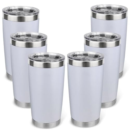 20oz Stainless Steel Tumbler Bulk with Lid, Travel Mug - Double Wall Vacuum Powder Coated Cup - White, 6 Pack - color: White, size: 6 Pack