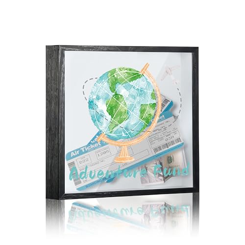Travel Fund Box, 8×8 Adventure Fund Shadow Box Frame with Slot, Piggy Bank Money Saving Decoration for Graduation Baby Shower Wedding, Watercolor Globe Airplane Memory Keepsake Gift -A13 - size: 8×8 watercolor globe airplane