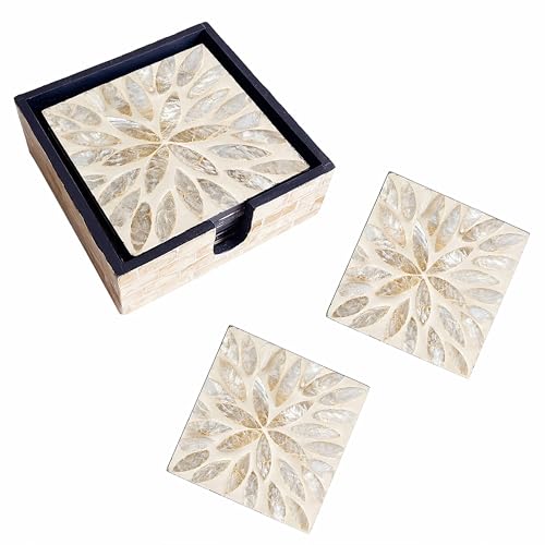 6 Pack Mother of Pearl Squre Coasters with Holder, Seashell Inlay Square Cup Holders with Organizer, Decorative Coasters Capiz Shell Trivet for Coffee Table, 5", I-lan (Gold Leaf) - color: Gold Leaf