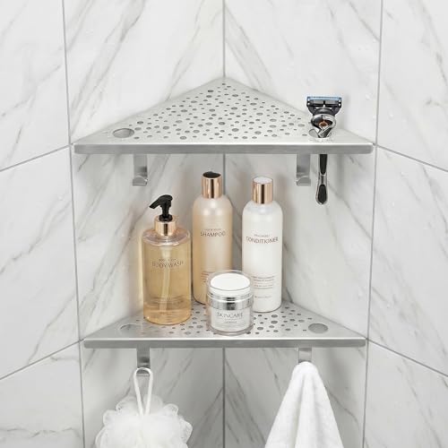 HIDROP Brushed Nickel 10" Corner Shower Shelves with Hooks and Holes,2 Pack | 4 Hooks & 4 Razor Holes, 304 Stainless Steel Bathroom Corner Shelf, Fast Drainage, Embed into Tile Gap, Modern Bathroom Shelf - color: Silver