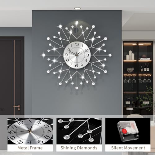Large Decorative Silver Crystal Wall Clock for Living Room Decor | 24 Inch Big Modern Metal Wall Clock Battery Operated Non Ticking Quality Quartz Silent Clock for Kitchen Office Bedroom - style: Contemporary