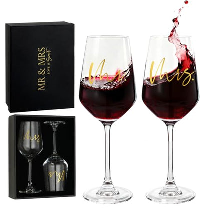 AW BRIDAL Mr and Mrs Wine Glasses Set of 2 for Engagement Bridal Shower | Wedding Gifts for Newlywed Couples 2026, Anniversary Wine Glass Gift Basket for Bride Groom and Fiance Fiancee - style: Mr & Mrs - Black