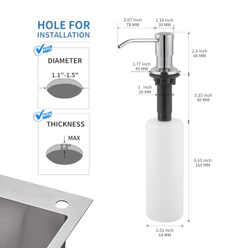 Built in Soap Dispenser for Kitchen Sink, Chrome Stainless Steel Countertop Pump Head (Plastic Inside), Dish Soap Hand Lotion Dispenser with Refillable 17OZ Bottle - color: Chrome