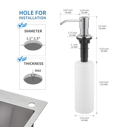 Built in Soap Dispenser for Kitchen Sink, Chrome Stainless Steel Countertop Pump Head (Plastic Inside), Dish Soap Hand Lotion Dispenser with Refillable 17OZ Bottle - color: Chrome