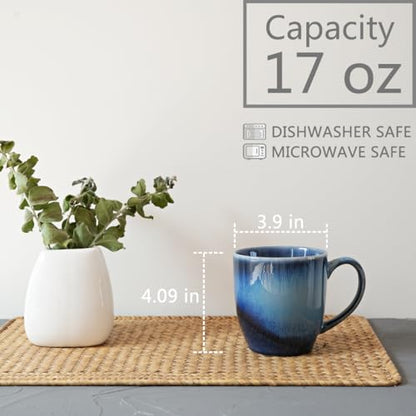 Bosmarlin Ceramic Coffee Mug Set of 4, 17 Oz, Coffee Cups, Microwave Safe, Unique Reactive Glaze (Blue) - color: Blue
