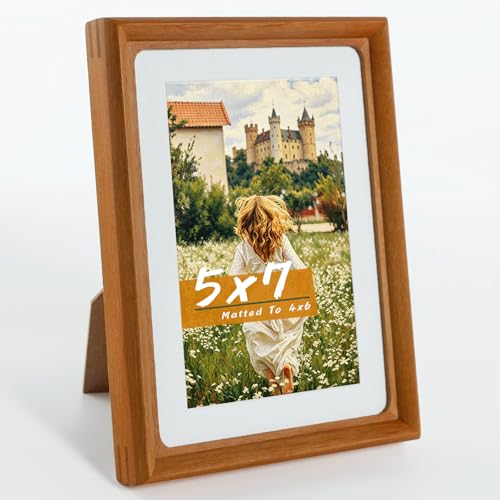 Handmade Solid Teak Wood 5x7 Picture Frame with Real Glass, Photo Frame with Mat Fits 4x6 Photo, Tabletop & Wall Mount Display for Home Decor & Festival Gift - color: Teak, size: 5×7