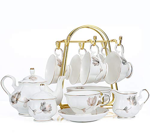 CHENP.HMC Porcelain Ceramic 22-Piece Tea Set, Teapot and Cup Set, 30.7 Ounces, for 6, Gift Sets, Tea or Coffee Lovers, Wedding, Birthday - color: Flower