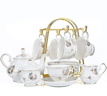 CHENP.HMC Porcelain Ceramic 22-Piece Tea Set, Teapot and Cup Set, 30.7 Ounces, for 6, Gift Sets, Tea or Coffee Lovers, Wedding, Birthday - color: Flower