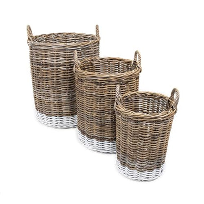 happimess Ternion 3-Piece Nesting Rattan Storage Baskets, Kubu Gray/White | Hand-Woven Wicker Containers With Handles, 27"H Two-Tone Cylindrical Bohemian Decor For Living Room Laundry Room Bedroom