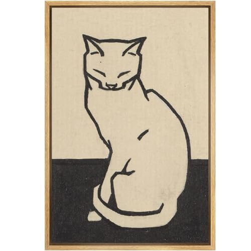 SIGNFORD Framed Canvas Print Wall Art Set Minimalist Black and White Cat Illustration Modern Line Illustrations Modern Art Country Landscape for Living Room, Bedroom, Office - 16"x24" Natural - color: B15-2508-m09, size: 24"L x 16"W