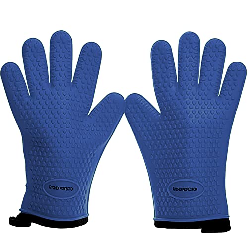 KITCHEN PERFECTION Silicone Smoker BBQ Gloves - Heat Resistant Oven Mitts | Waterproof, 5-Finger Design For A Better Grip, for Pitmasters, Meat Smoking, Grilling, Cooking, Frying Turkey | Grill Gift - color: Azure, size: One Size Fits Most