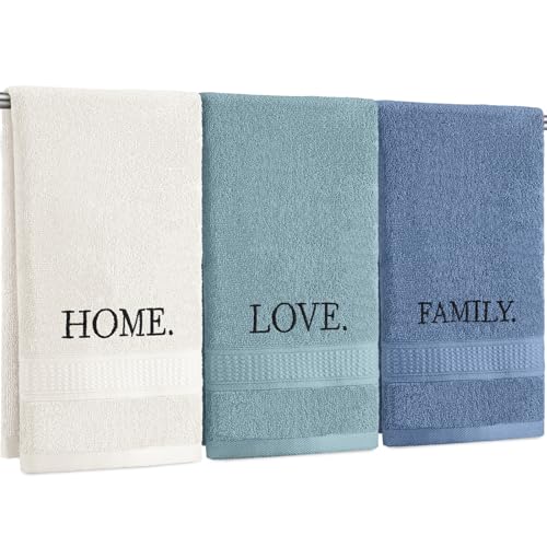 3 Pcs Hand Towels Bathroom Set,Teal,Home Love Family | Embroidered Cotton Farmhouse Towels, Kitchen Decor, Rustic Boho Decorative with Text Labels, Guest Bath Home - color: Teal, style: Home Love Family