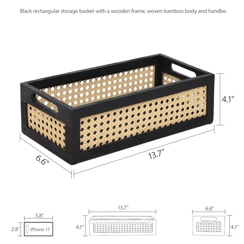 Wood Storage Basket, Small Rattan Storage Box with Handles for Bathroom Kithen Office Desk