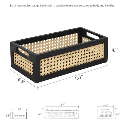 Wood Storage Basket, Small Rattan Storage Box with Handles for Bathroom Kithen Office Desk