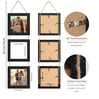 6x6 Collage Picture Frames Set of 2, Rustic Wooden Real Glass Vertical Hanging 3 Opening 6 by 6 Photo Frame, Black - color: Black, size: Vertical-6x6 in