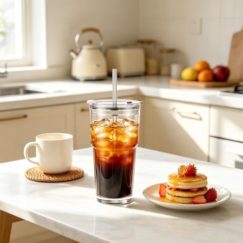 INSETLAN 20 oz Glass Tumbler with Glass Straw and Lid, Set of 4 - Thickened Ice Coffee Cup, Glass Cup with Lid and Straw for Smoothie, Tea, Milk, Whiskey, Water and More – Elegant & Durable - color: 20 oz - 4 Pcs