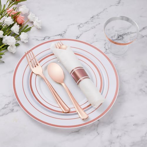 175 Piece Rose Gold Plastic Dinnerware Set for 25 Guests | Disposable Dinnerware Includes: 25 Dinner Plates, 25 Dessert Plates, 25 Pre Rolled Napkins with Silverware, 25 Cups - color: Rose Gold, style: 175 Piece (25 guests)