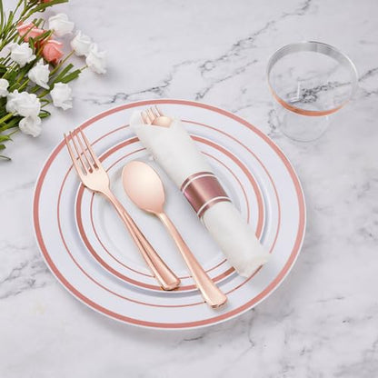 175 Piece Rose Gold Plastic Dinnerware Set for 25 Guests | Disposable Dinnerware Includes: 25 Dinner Plates, 25 Dessert Plates, 25 Pre Rolled Napkins with Silverware, 25 Cups - color: Rose Gold, style: 175 Piece (25 guests)