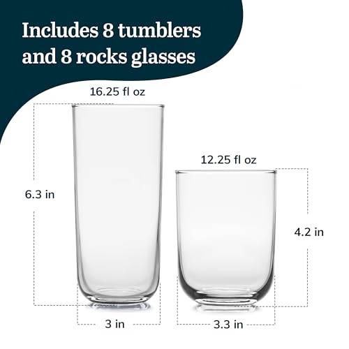 Polaris Axis Tumbler & Rocks Drinking Glasses Set of 16, Glass Cups | 17.75 oz and 15 oz Capacities for Water, Juice, Cocktails, and More with Dishwasher-Safe Convenience for Easy Cleanup - color: 02 - Polaris Axis