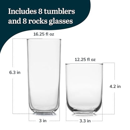 Polaris Axis Tumbler & Rocks Drinking Glasses Set of 16, Glass Cups | 17.75 oz and 15 oz Capacities for Water, Juice, Cocktails, and More with Dishwasher-Safe Convenience for Easy Cleanup - color: 02 - Polaris Axis