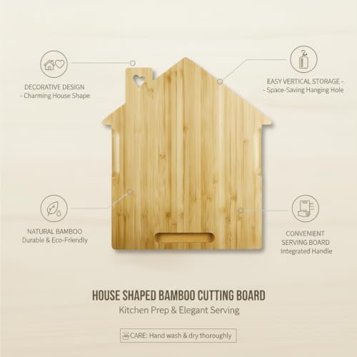 Solid Natural Bamboo Cutting Board, House-Shaped Wood Chopping Block for Kitchen Prep and Serving with Hanging Hole, 9.8 x 11 Inches