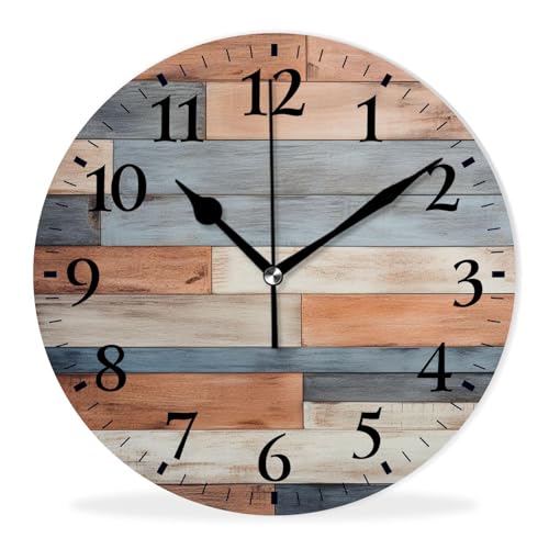 Round Analog Wall Clocks Non-Ticking Silent Clock Battery Operated Clcoks Decorative for Living Room,Office,Bedroom-Wooden Plank Wall Vintage Multicolor(16inch) - color: Plank, size: 16inch