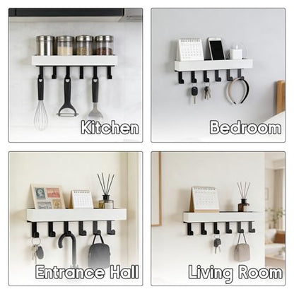 Key Holder Wall Mount with 6 Hooks, Drilling Key Holder for Wall with Wooden Tray, Multifunctional Key Rack with Mail Organizer for Entryway Living Room(White) - color: White