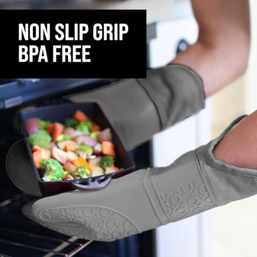BPA-Free Soft Silicone Oven Mitts - Ultra Heat Resistant Oven Mitts with Thick Cotton Liner - Extra Long Slip Resistant Pot Holders, Flexible Oven Gloves - Gray 14.7" - color: Gray, size: 2-Piece 14.7" Oven Mitts