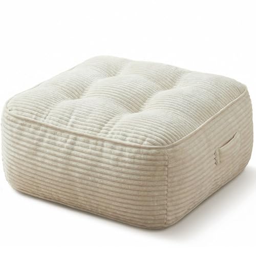 11" Thick Washable Floor Pillow for Adults, Yoga & Meditation Cushion with Handle, Square Large Pillows Seating with Removable Tufted Corduroy Cover for Tatami Living Room Board Games, Cream - color: Cream