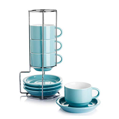 Sweese 2.5 Ounce Porcelain Stackable Espresso Cups with Saucers and Metal Stand Set of 4, Turquoise - color: Turquoise, size: 2.5 Ounces