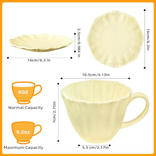 8oz Tea Cups and Saucers, Ceramic Latte Cup,Relief Cappuccino Cup and Saucer Set, Elegant Porcelain Tea Cups, Espresso Cup Set Dishwasher & Microwave Safe,Yellow - color: Yellow