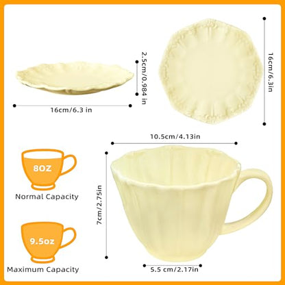 8oz Tea Cups and Saucers, Ceramic Latte Cup,Relief Cappuccino Cup and Saucer Set, Elegant Porcelain Tea Cups, Espresso Cup Set Dishwasher & Microwave Safe,Yellow - color: Yellow