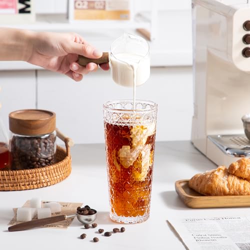 YUN TAO 16 oz Glass Cups with Lids and Straws, Set of 4 Clear Ribbed Glass Tumbler, Iced Coffee Cups with Lids Reusable