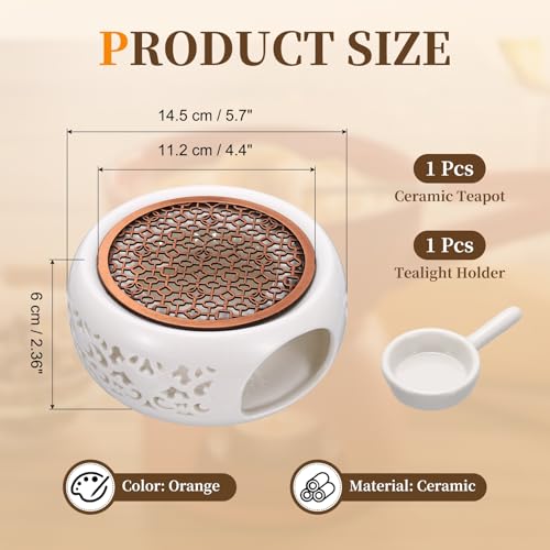 uxcell Teapot Warmer, Ceramic Tea Warmer Ceramic Teapot Heater with Alloy Pad Tealight Holder for Heating Coffee Milk Water Heatproof Dish Warming Use, White Ocean Flower Design - color: White