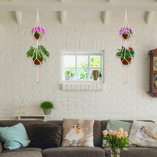 SNAIL GARDEN 2 Tier Macrame Plant Hanger, 2Pack Double Plant Hangers with Tassel Indoor Outdoor Hanging Planter Basket Handmade Cotton Rope Hanging Planters Set with 2Pcs Hooks for Boho Home Decor