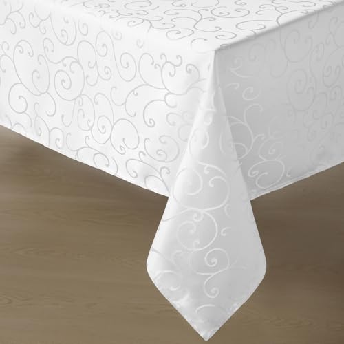 Romanstile Jacquard Rectangle Tablecloth, Waterproof Elegant Damask Curly Floral Pattern Table Cloth, Washable Decorative Polyester Table Cover for Kitchen/Dining/Parties - White, 52 x 70 Inch - color: White, size: 52" x 70" (Rectangular)