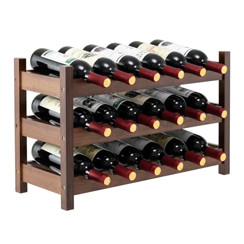 COSTWAY 3-Tier Bamboo Wine Rack, 18-Bottle Tabletop Wine Holder | Wave Slot, Freestanding Countertop Wine Bottle Organizer for Kitchen, Pantry, Pub & Wine Cellar, Brown (24.5L x 9.5W x 15H) - color: Brown, size: 24” x 9.5” x 15” (L x W x H)