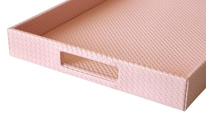 HofferRuffer Rectangle Serving Tray with Hole Handles for Coffee Table, Breakfast, Tea, Food, Butler - Countertop, Kitchen, Vanity Serve Tray, 16.2 x 12.2 x 2 inches, Faux Leather (Pink) - color: Pink