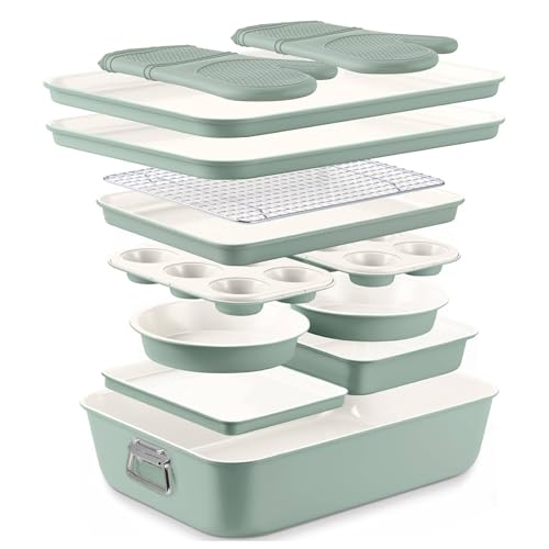 Country Kitchen Nonstick Stackable Bakeware Set - Deluxe Heavy Duty, Durable, Easy Release Baking Set, Sage, 13 Pcs with Handles