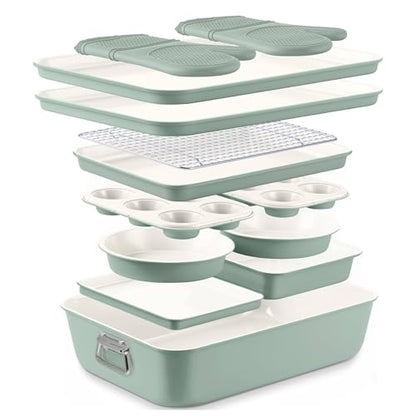 Country Kitchen Nonstick Stackable Bakeware Set - Deluxe Heavy Duty, Durable, Easy Release Baking Set, Sage, 13 Pcs with Handles