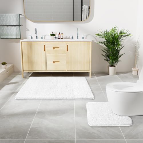 LOCHAS Bathroom Rugs Sets 2 Piece, 20''x20'' & 34''x21'', White | Non Slip U-Shaped Toilet Rug, Chenille Washable Absorbent, Soft Bath Mat Set for Shower, Sink - color: White