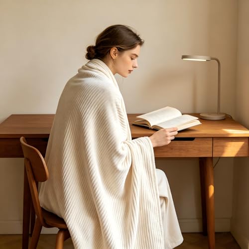 Throw Blanket for Couch, Fuzzy Soft Corduroy Blanket 50"x60", Lightweight Decorative Blanket for Living Room Bedroom Sectional Sofa, Cream White