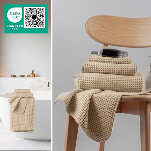 MICROFI Microfiber Waffle Bath Towels, 3 Pieces, Oversized, Soft, Absorbent, Fast Drying, Lint Free, Includes Bath, Face and Hand Towels 430 GSM - color: Beige
