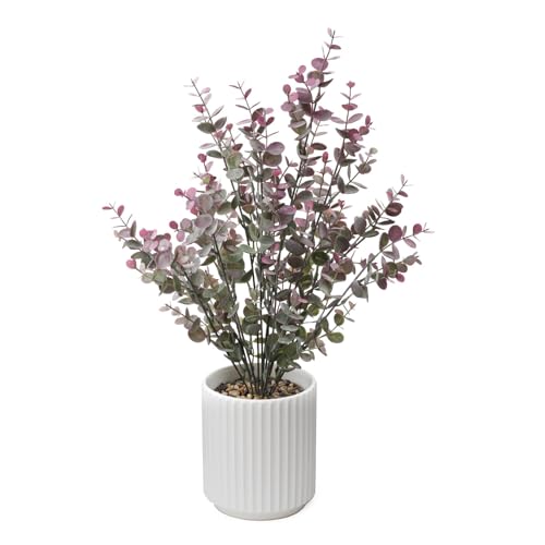 16.5" Artificial Eucalyptus Plant in White Ribbed Ceramic Pot Purple Faux Potted Greenery Tall Desk Plant for Home Office Shelf Table Bathroom Decor Maintenance Free - color: Plant D