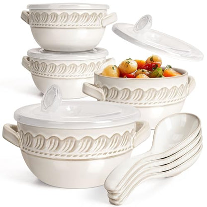 French Onion Soup Bowls with Handles and lids & Spoons, 20 Oz Ceramic Soup Crocks Oven Safe Serving Bowls for Chili, Beef Stew, Cereal, Pot Pies, Embossment, Set of 4, White (Willow Leaf) - color: White (Willow Leaf)