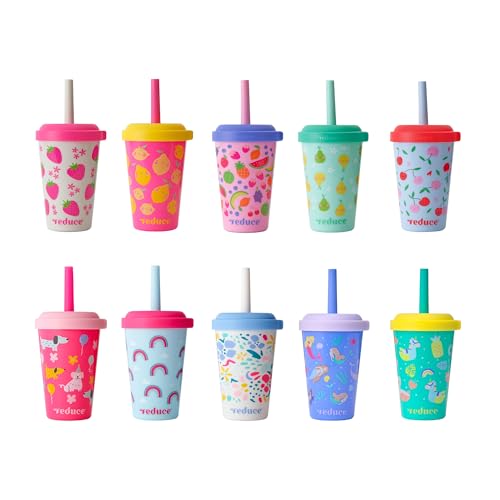 REDUCE GoGo's Kids 10-Pack 12oz Tubler Cups with Lids & Spill-Proof Straws | Portable, stackable tumblers, twist-on lids, easy storage, dishwasher safe, Play Date - color: Play Date, size: 10 Pack