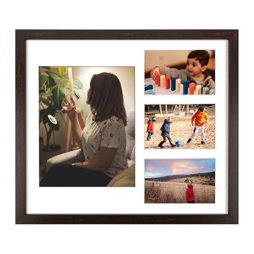 Golden State Art 14x16 Dark Brown Wood Picture Frame for 8x10 and 4x6 Photo | 4 Opening Picture Frame,White Mat included,Real Glass, Sawtooth Hanger - Wall Mounting - Great for Posters, Weddings(1 Pack) - color: Dark Brown&White Mat-1P, size: 1 8x10 And 3