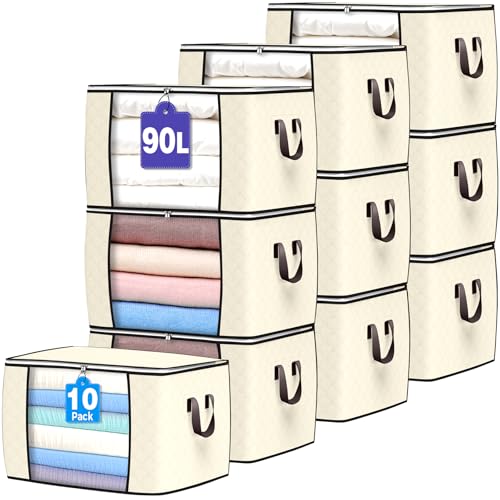 90L Large Storage Bags, 10 Pack Clothes Storage Bins Closet Organizers | Foldable Storage Containers, with Reinforced Handle, for Clothing, Blanket, Comforters, Bed Sheets, Pillows and Toys - color: Beige, size: 10 Pack